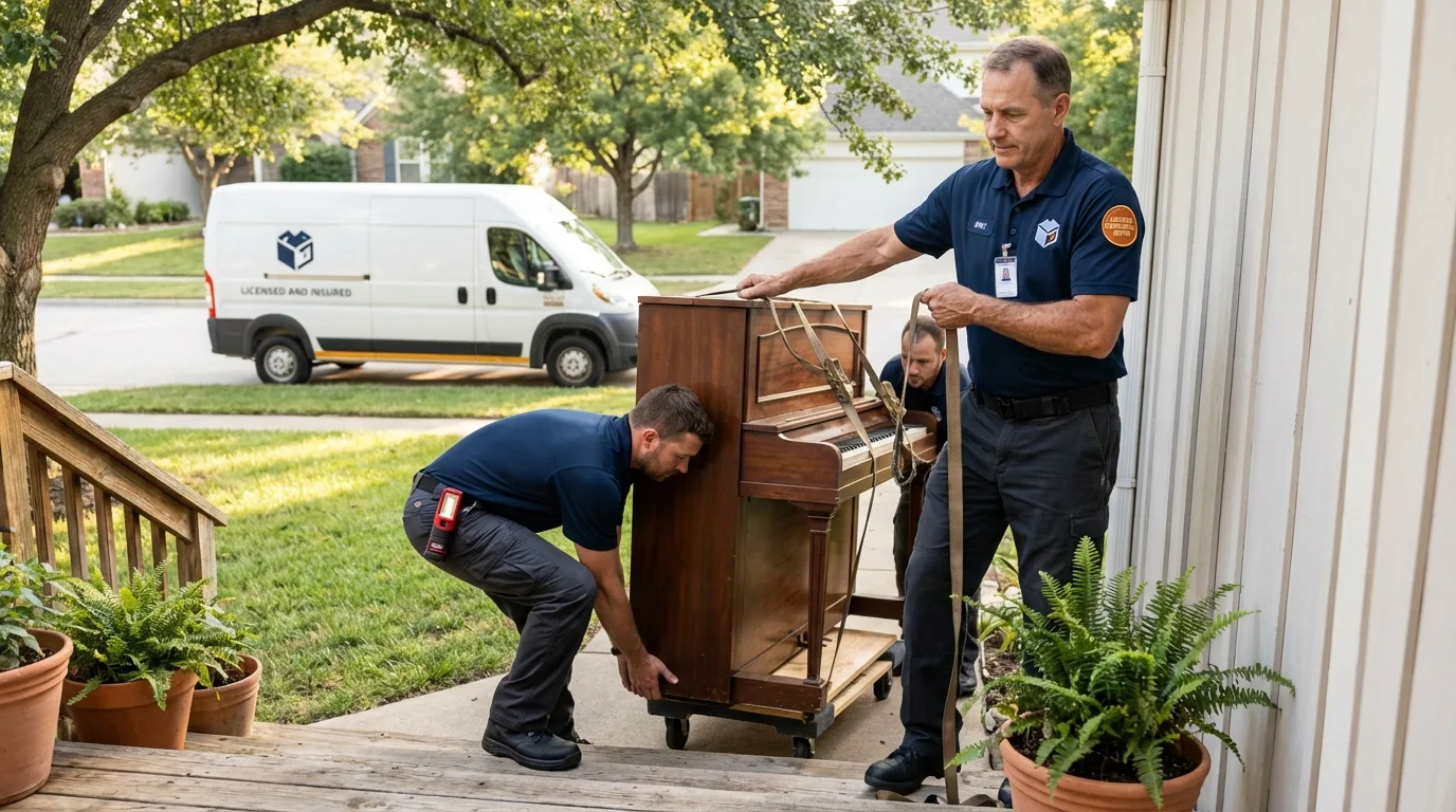 Licensed piano movers securing grand piano in Dodge Center, MN