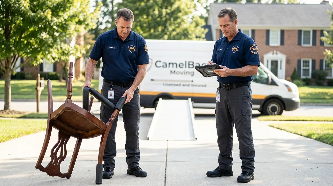 Movers inspecting furniture for damage prevention before loading in Dodge Center, MN
