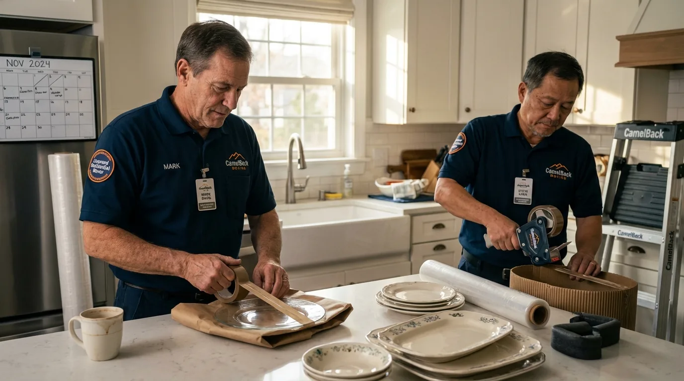 Professional crew packing kitchen dishware in Dodge Center, MN